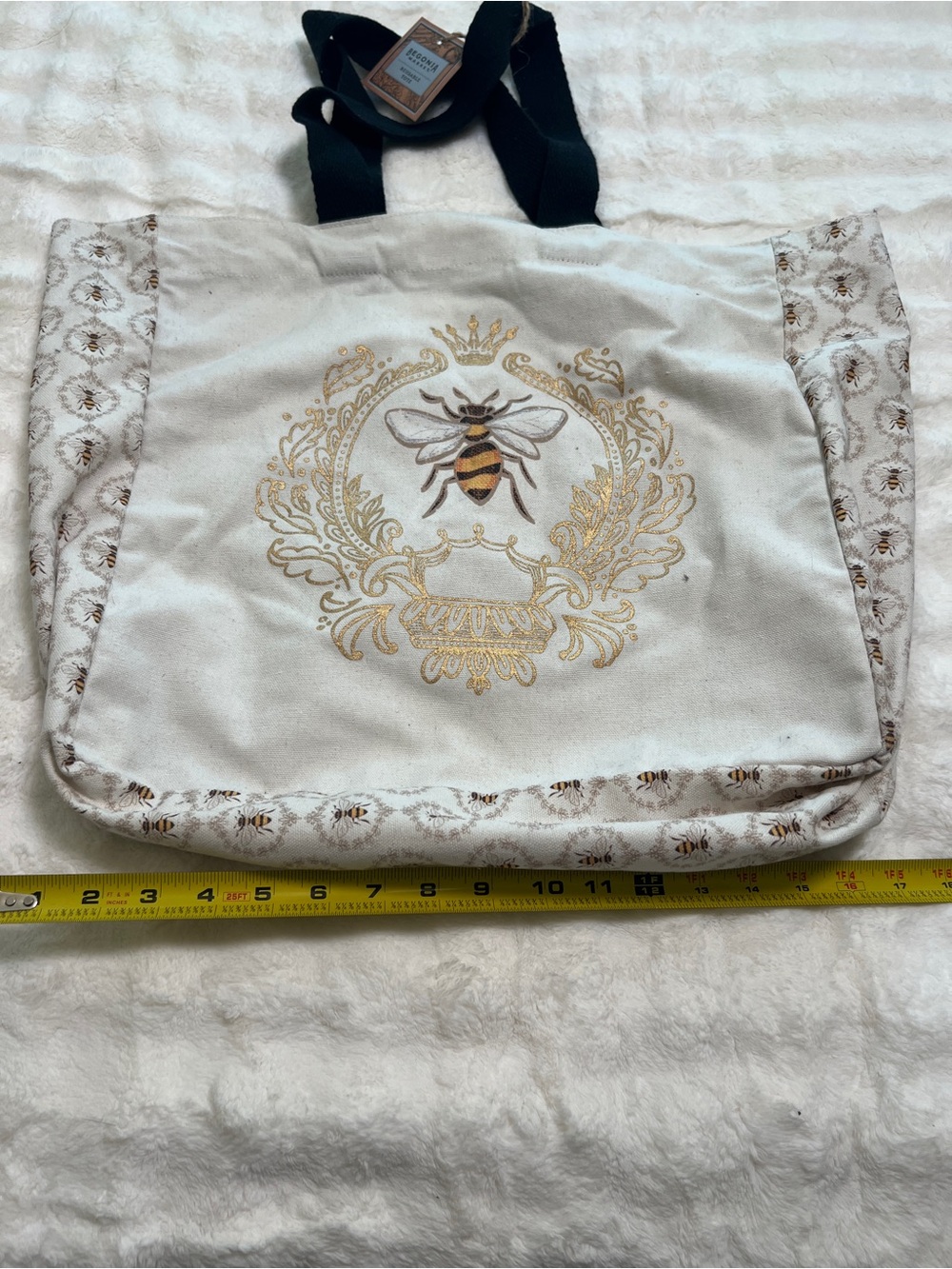 Cream Canvas Tote with Gold Bee Crest and Black Handles